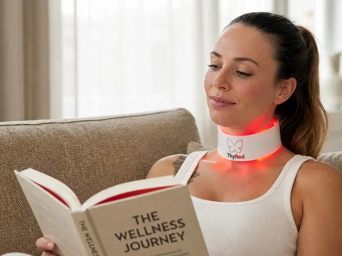 Woman reading on the sofa while wearing ThyRed