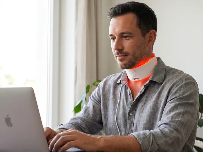 Man working at his laptop while wearing ThyRed